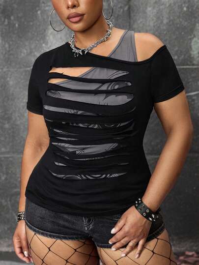 ROMWE Grunge Punk Plus Size Dark Punk 2 In 1 Distressed Ripped Edge Design Tight Fit T-Shirt