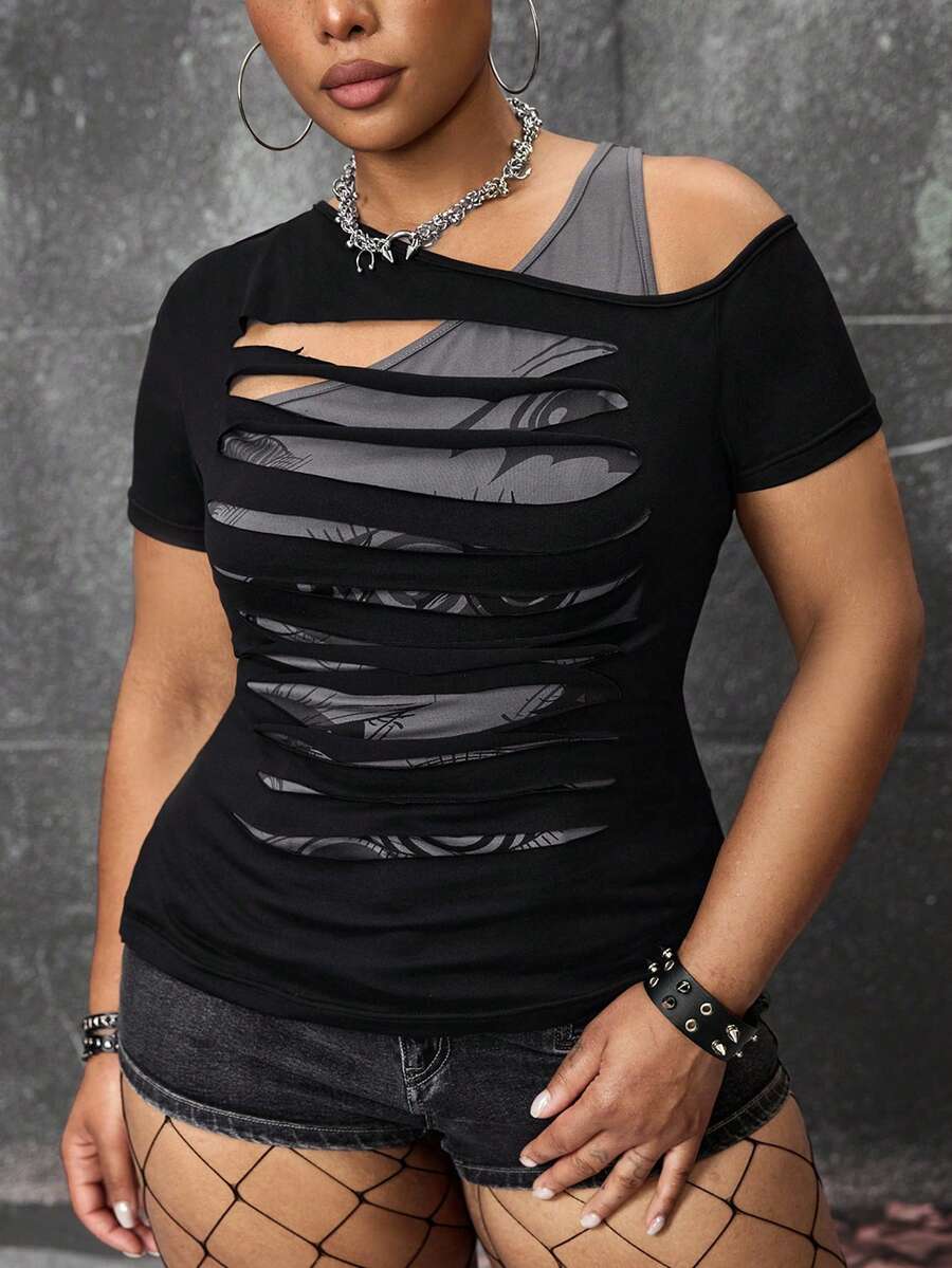 ROMWE Grunge Punk 加大码暗黑朋克风二合一做旧破洞边紧身T恤 - 深灰色 - 查看 1