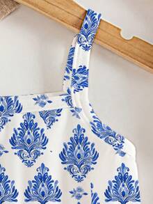 SHEIN 1pc Baby Girl Summer Beach Vacation Floral Print Cinched Waist Strap Dress - White - View 6