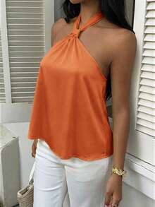 MainGRL Women's Summer Casual Solid Color Satin Backless Halter Top,Summer Top - Orange - View 4