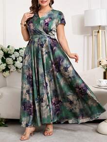 Reflora 大码女士优雅印花连衣裙，夏季婚礼宾客礼服 - 綠色 - 查看 4