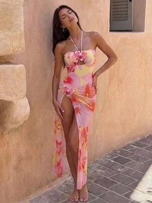 Bonvoyette Bộ đồ bơi 2 mảnh Xuân/Hè: Áo tắm quây không gọng in kỹ thuật số với họa tiết hoa 3D và chân váy dài bằng lưới, bộ đồ bơi nghỉ mát thanh lịch, áo tắm liền thân họa tiết hoa cho nữ, trang phục mùa hè họa tiết hoa cho nữ. - Nhiều màu - Xem 3