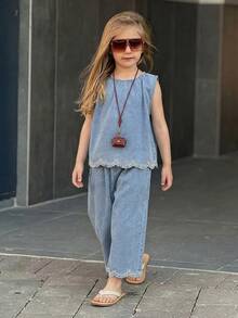 Young Girl Girls Denim Outfit, Fall Vacation - Light Wash - View 4