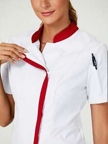 TaskEZ Uniforme de chef de manga corta con ribete de contraste, uniforme minimalista - Rojo y blanco - Ver 4