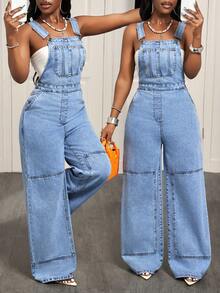 Slaydiva Women's Casual Versatile Everyday Pocketed Denim Jumpsuit With Wide Leg - Blue - View 1