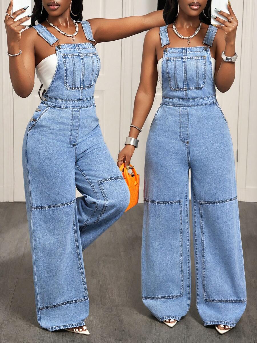 Slaydiva Women's Casual Versatile Everyday Pocketed Denim Jumpsuit With Wide Leg - Blue - View 1