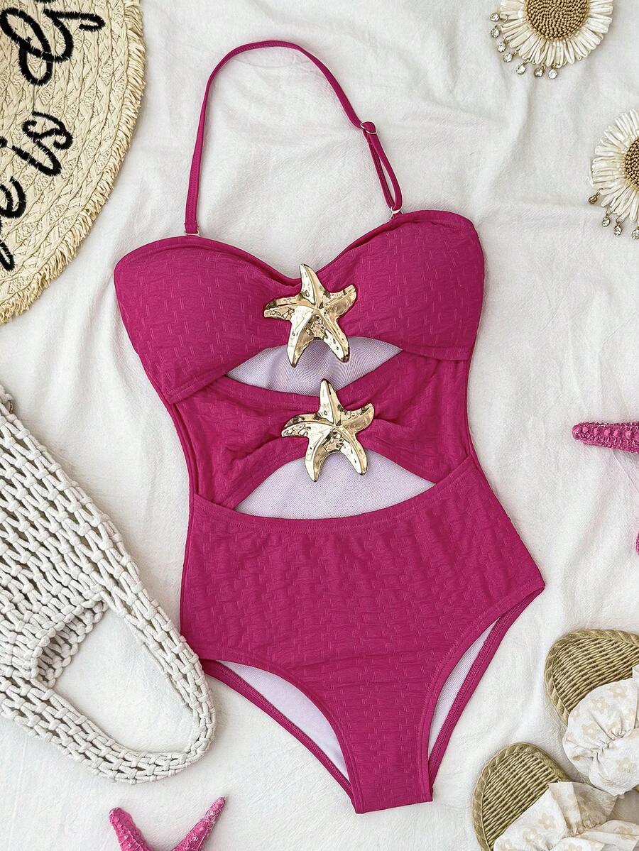 SHEIN Tween Girl Metal Starfish Decor One-Piece Swimsuit,Suitable For Beach Vacation,Pool Party,1 Piece Swimwear Bathing Suit Star Pink One - Hot Pink - View 1