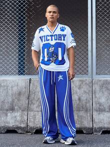 EVRINFINITE 男士短袖字母印花简约T恤和裤子套装，男士运动服，男士两件套服装，男士服装，男友礼物 - 藍色 - 查看 1