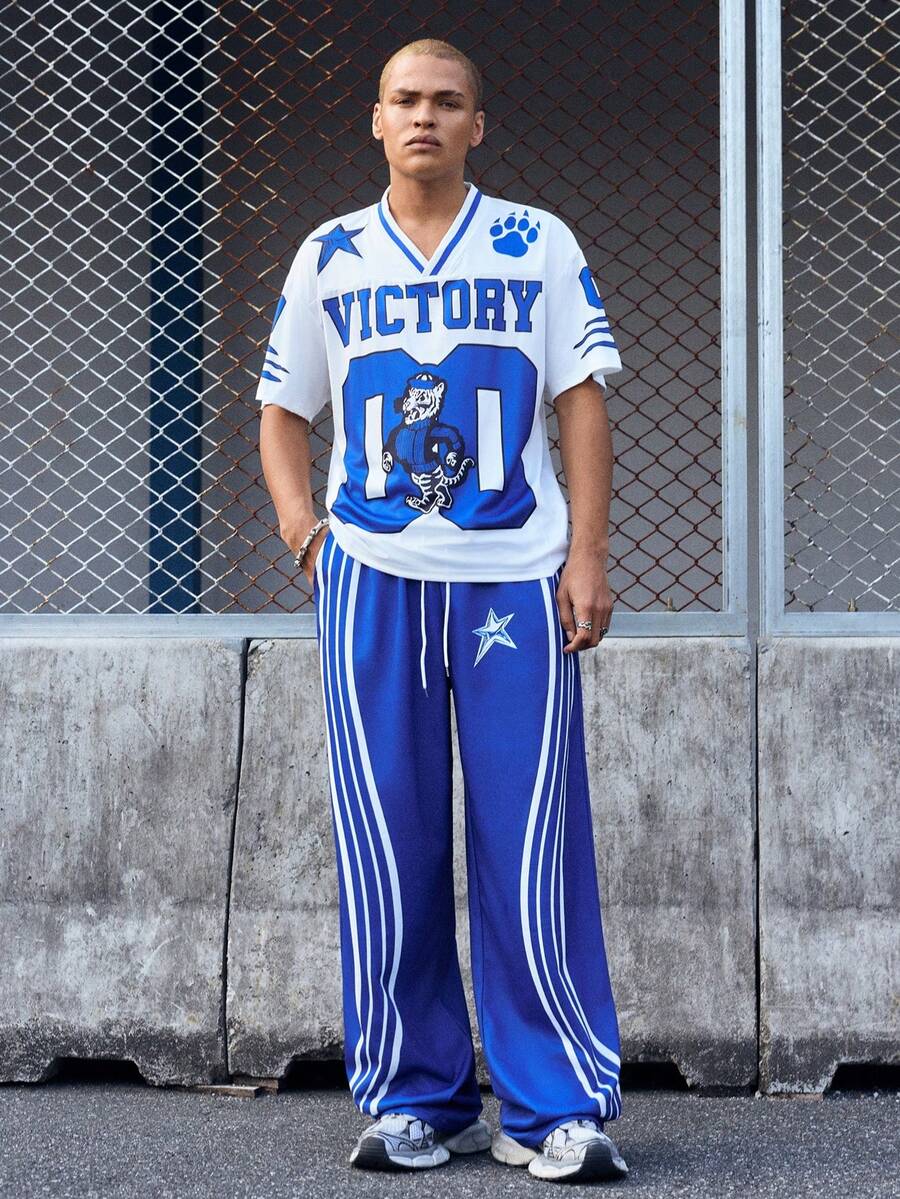 EVRINFINITE 男士短袖字母印花简约T恤和裤子套装，男士运动服，男士两件套服装，男士服装，男友礼物 - 藍色 - 查看 1