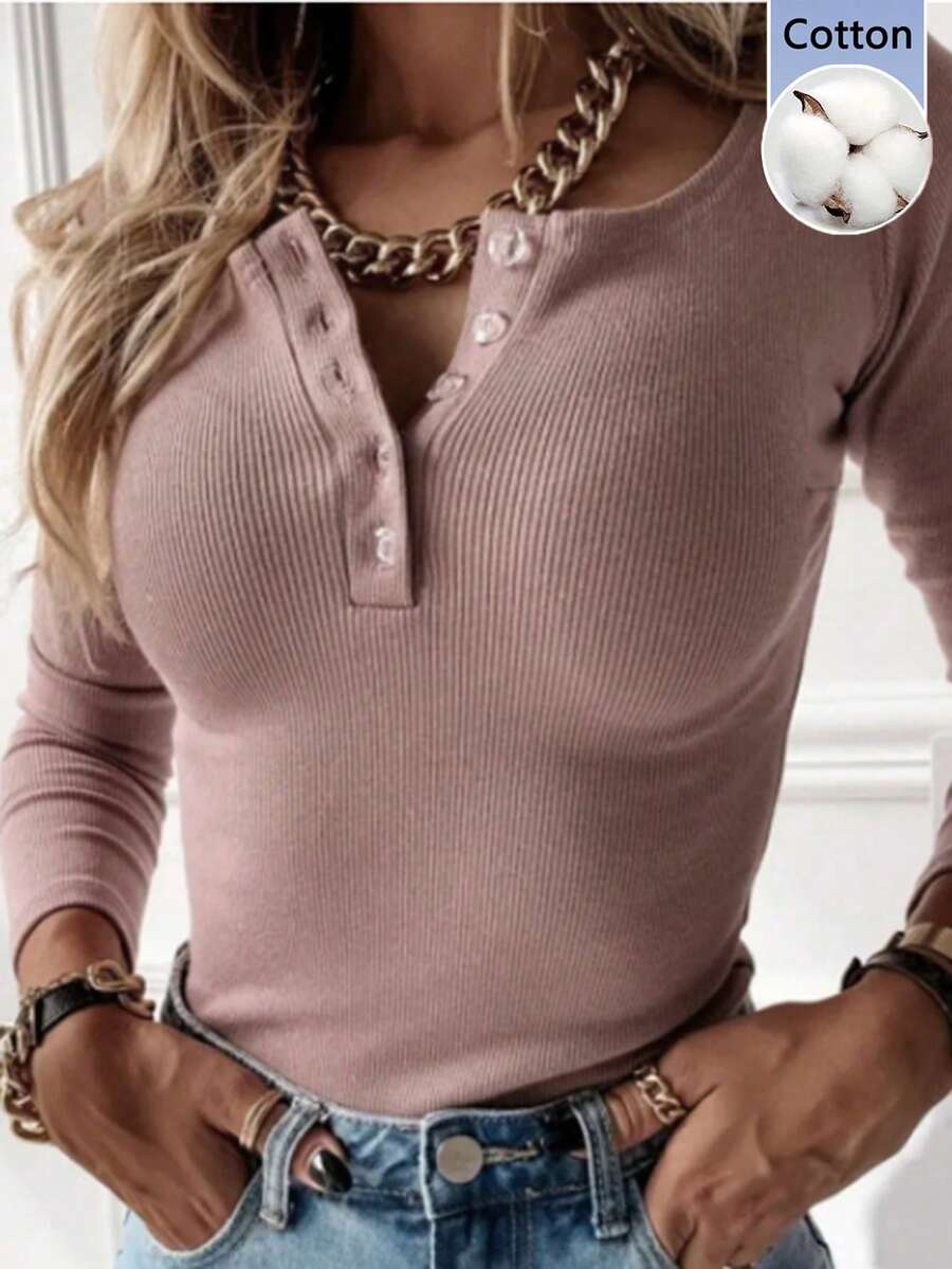 Selamara Women's Casual Solid Color Long Sleeve T-Shirt - Dusty Pink - View 1