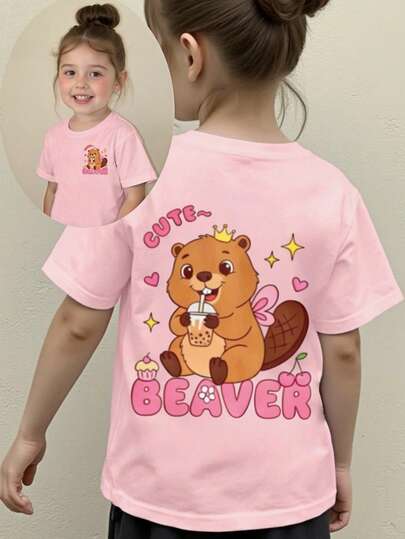 Young Girls' New SS26 Fashion Casual Versatile Cute Front & Back Beaver Cartoon Print Soft Short Sleeve Top, Squishy, Girls Apparel, Girls Tops, Summer, Spring & Summer, Summer Comfortable Casual Wear, Summer Outfits, Girls Clothing, Outings, Photography, Indoor, Holidays, Gifts, Bohemian, Spring Vibes, Summer Vibes, Spring & Summer Outfits For , Easy Comfort, Stylish Girl T-Shirt, Casual Wear, Kids Graphic Clothes, Spring & Summer T-Shirt, New Style, Chill Chill, Spring Vibes Chill Summer Vacation
