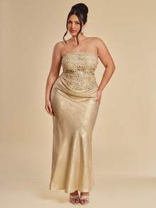 SHEIN BAE Vestido de fiesta elegante con cintura recogida y cola de pez para mujer de talla grande - Dorado - Ver 3