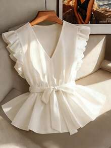 Lyxana Women's Solid Color V-Neck Cap Sleeve Elegant Blouse - White - View 3