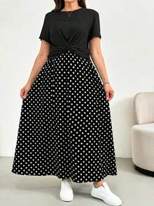 SHEIN Essnce 大码女式两件套，短袖上衣搭配波点印花半裙，休闲舒适，印花夏季连衣裙，度假两件套，夏季女式两件套 - 彩色 - 查看 3