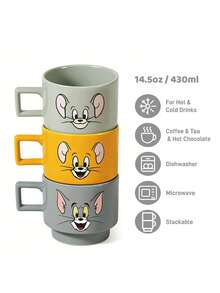 TOM & JERRY X SHEIN 1 chiếc cốc in hình hoạt hình, dung tích 375ml, có thể xếp chồng lên nhau, chịu được nhiệt và lạnh, có thể dùng trong lò vi sóng và máy rửa chén, thích hợp đựng nước, sữa, nước ép, cà phê. - Màu vàng - Xem 3