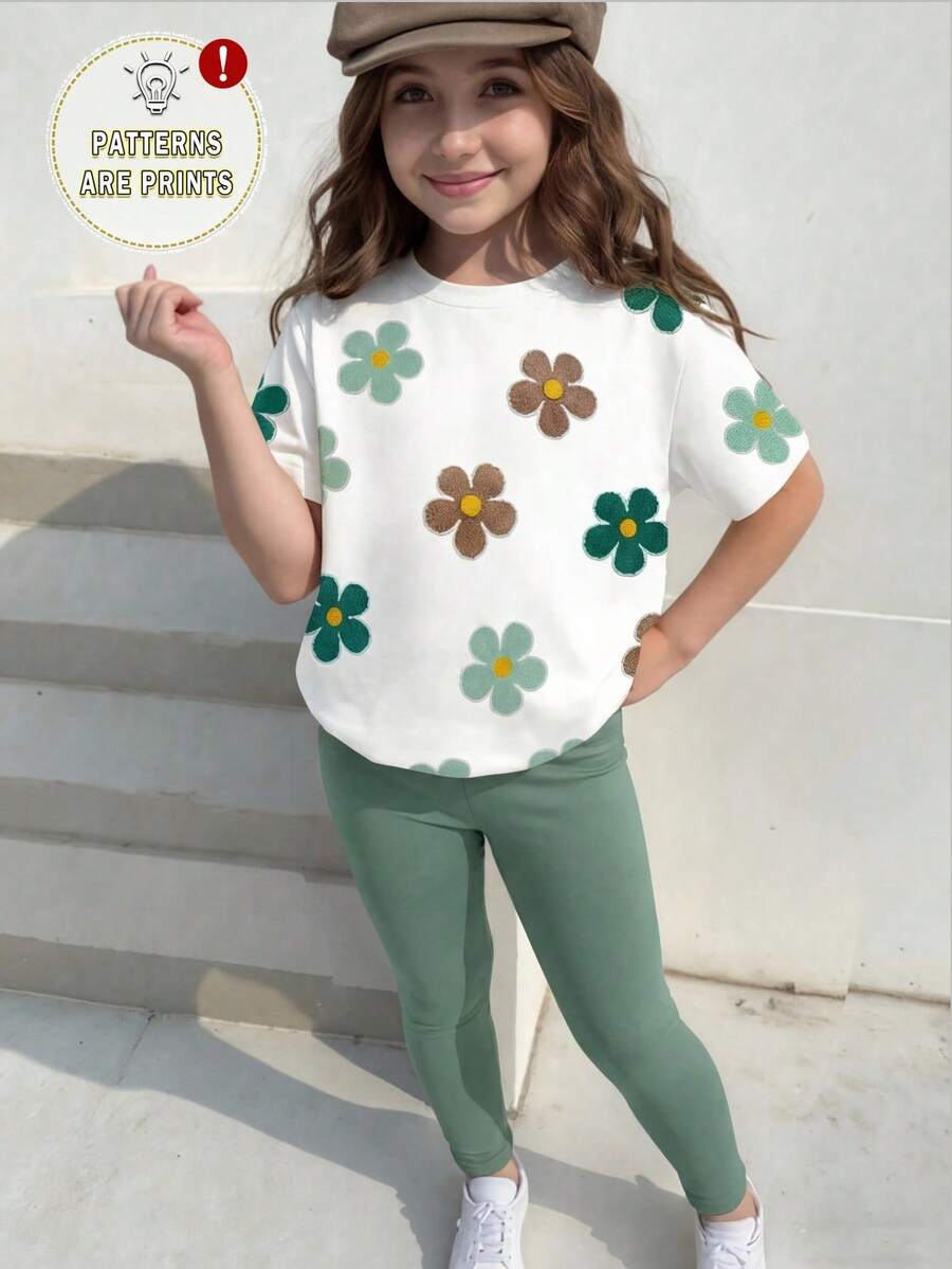 SHEIN Elladie kids 一套少女春夏休闲舒适时尚创意碎花图案短袖圆领T恤和打底裤套装,适合日常穿着、外出、度假,是轻松惬意的夏季穿搭。 - 彩色 - 查看 1