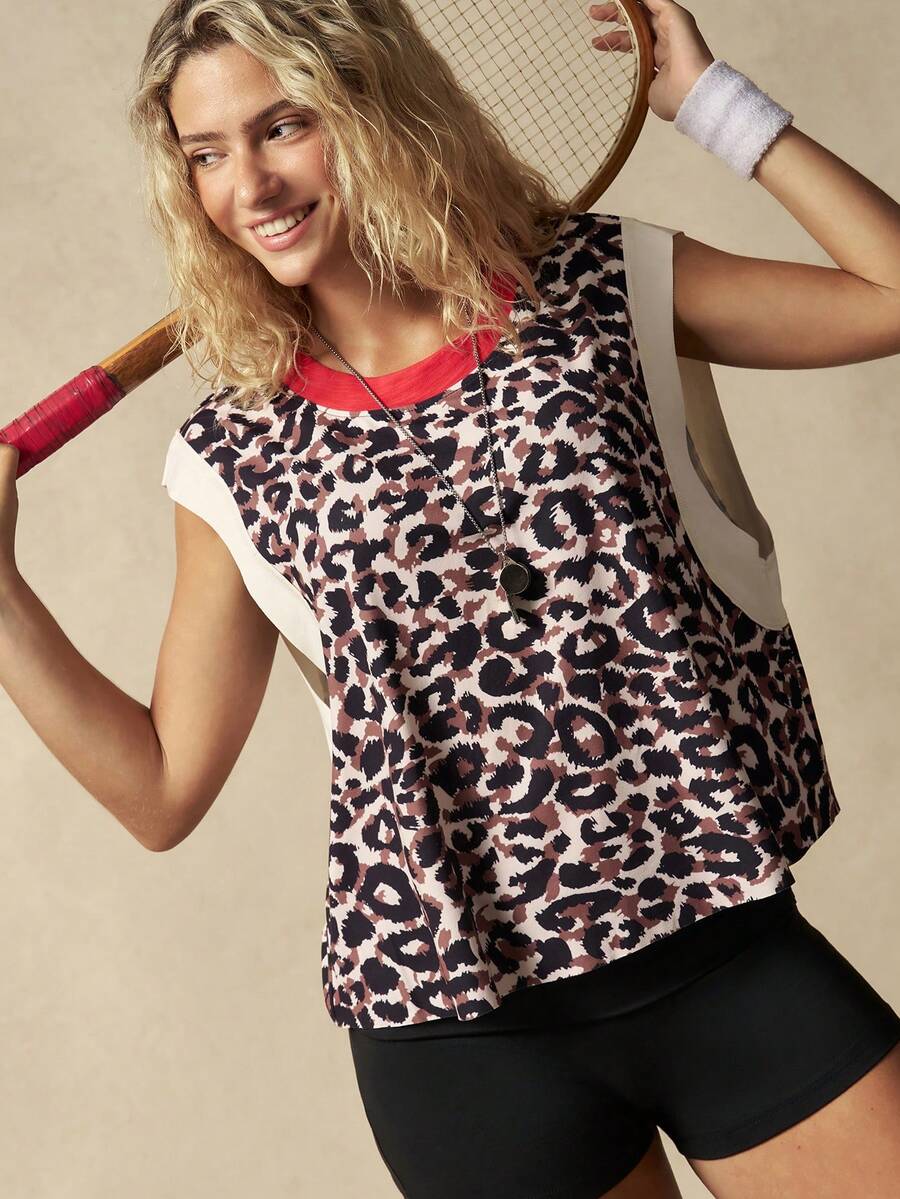 VARSITIE Top deportivo de tirantes anchos con estampado de leopardo y patchwork - Multicolor - Ver 1