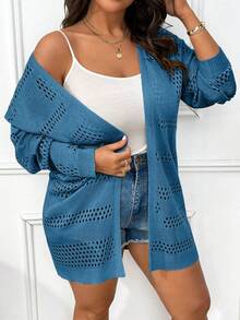 SHEIN LUNE Plus Size Women Solid Color Casual Versatile Long Sleeve Cardigan Fall - Blue - View 3