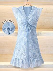 Franclia Vestido de vacaciones con mangas de encaje bordado - Azul - Ver 4