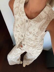 DAZY Bộ đồ denim nữ cổ tròn in họa tiết gồm áo gile và quần jeans ống đứng dáng rộng, kiểu dáng đi nghỉ mát. - trắng - Xem 1