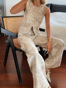 DAZY Bộ đồ denim nữ cổ tròn in họa tiết gồm áo gile và quần jeans ống đứng dáng rộng, kiểu dáng đi nghỉ mát. - trắng - Xem 6