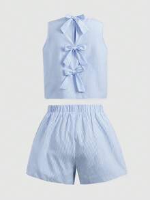 SHEIN 少女条纹度假休闲蝴蝶露背背心短裤套装，宽松日常圆领纹理面料蝴蝶露背背心配短裤两件套 - 藍色 - 查看 4