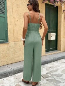 SHEIN Tall CURVE 大码女式纯色流苏设计休闲连体裤，适合日常穿着 - 綠色 - 查看 9