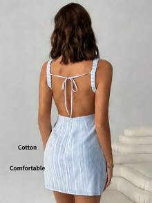 SHEIN EZwear Summer Outfits Blue Striped Woven Backless Sleeveless Mini Dress For Women ,Summer Dress - Blue and White - View 1