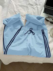 Comfortcana 女士蓝色侧条纹松紧腰宽松休闲运动裤，夏季服装，圣诞节，Y2K，新年休闲户外运动裤 - 藍色 - 查看 3