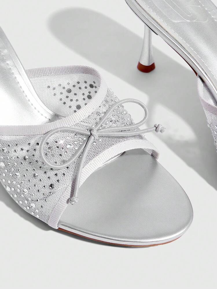 CUCCOO SZL Women Shoes Round Toe Stiletto Silver Mesh Bow Full Diamond Pedal Fashion Elegant French Women High Heel Sandals Slippers With Skirt Daily Versatile Sexy Banquet Party Women Sandals