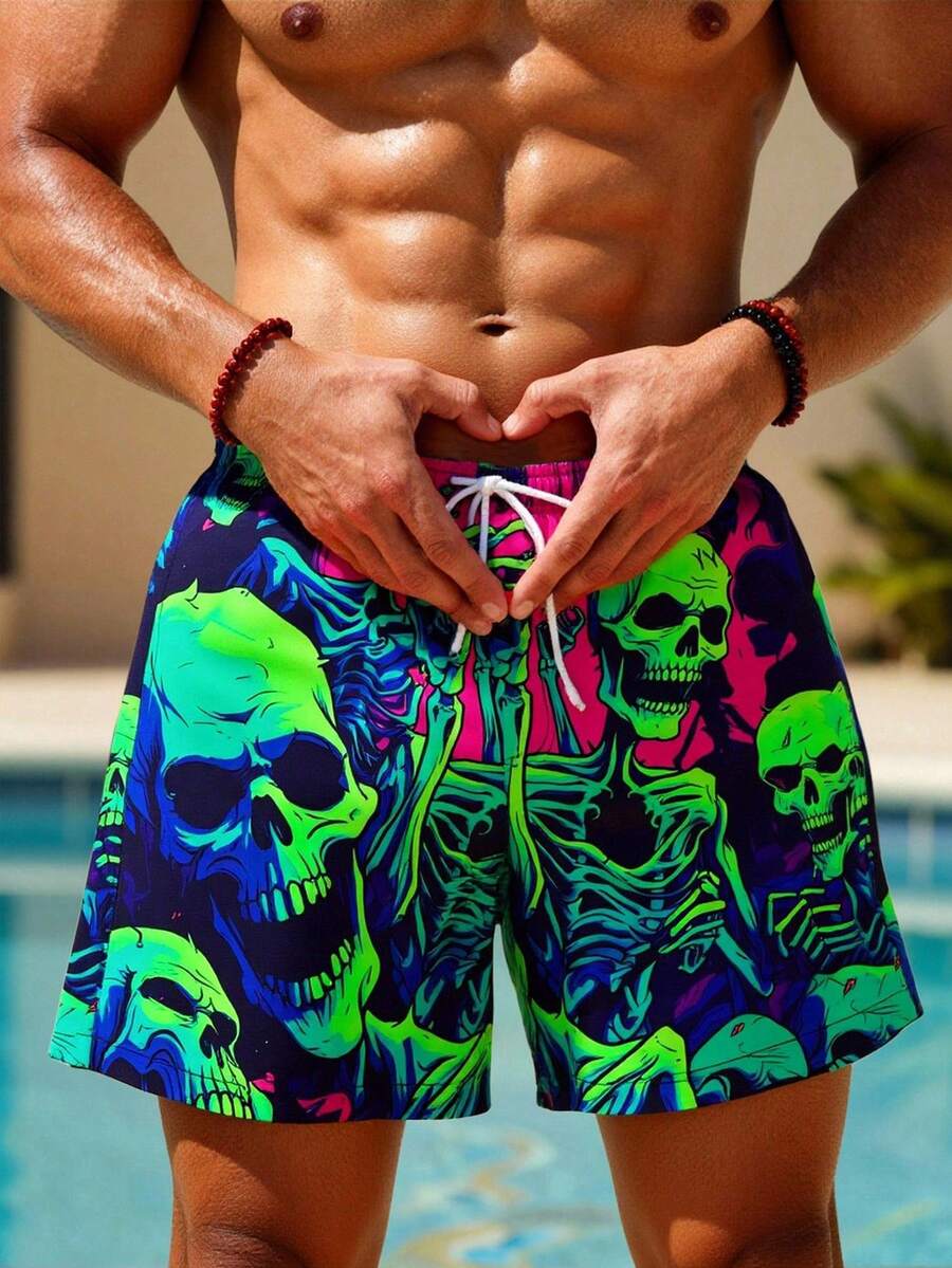 Manfinity Swimmode 男士骷髅印花抽绳腰带口袋沙滩短裤 - 綠色 - 查看 1