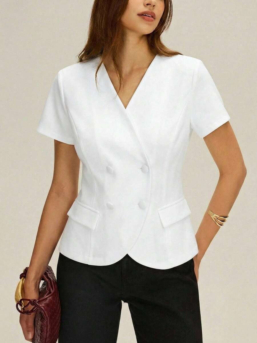 SHEIN Clasi 大尺碼白色夏季優雅絲綢西裝外套，短袖女款辦公通勤工作日常度假襯衫，2026嘉年華造型