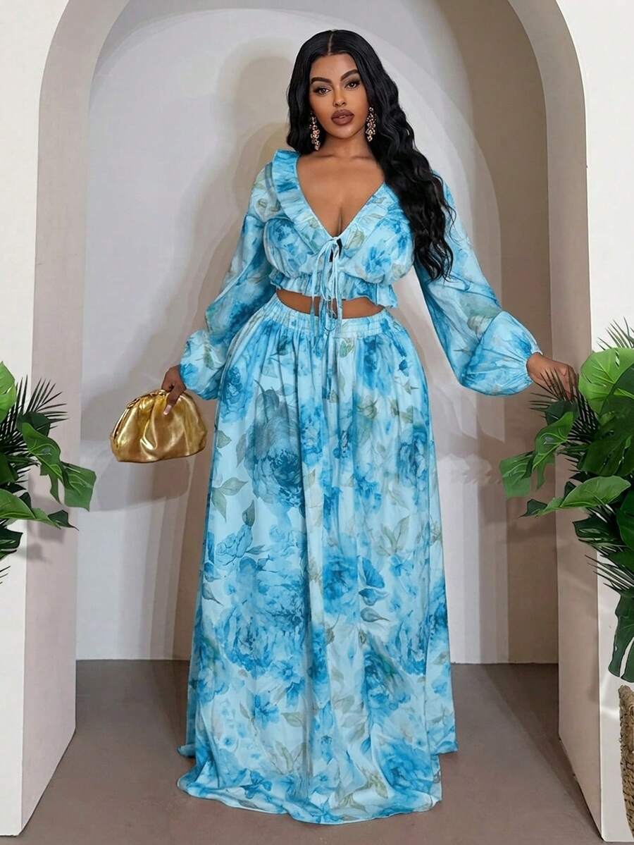 Veslaya Set Atasan Pendek dan Rok Panjang Motif Bunga Romantis Musim Semi/Panas, Cocok untuk Liburan, Pantai, Pesta, Kencan, dan Ukuran Plus - Biru - View 1