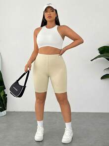 SHEIN EZwear Khaki Plus Size Skinny Shorts - Khaki - View 6