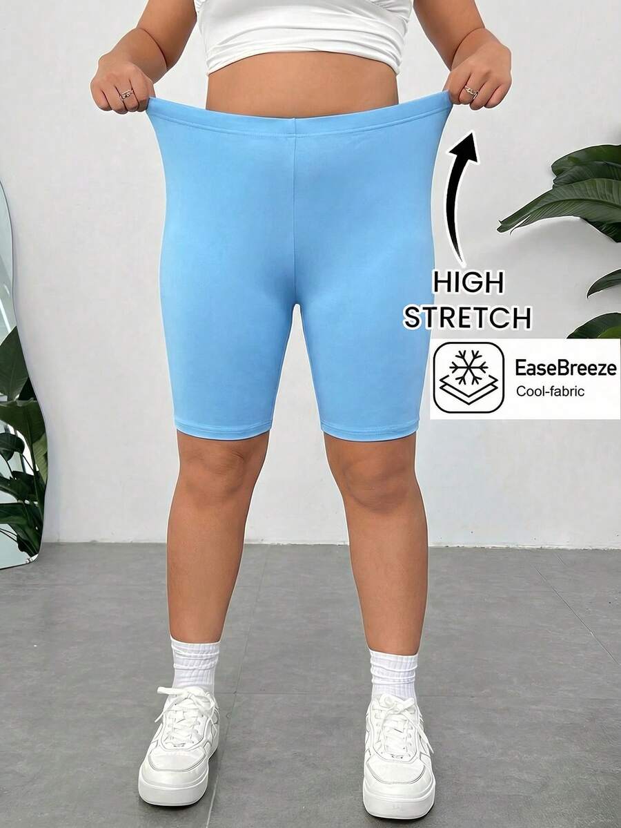 SHEIN EZwear 大码女式纯色休闲百搭日常修身短裤 - 藍色 - 查看 1