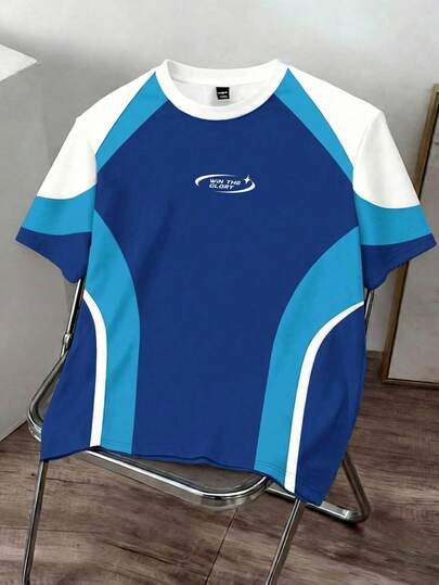 Manfinity Joysei Camiseta de manga corta casual con bloques de color para hombres, verano