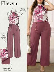 Ellevyn 大码优雅扎染印花露背上衣和裤子两件套，夏季 - 粉色 - 查看 2