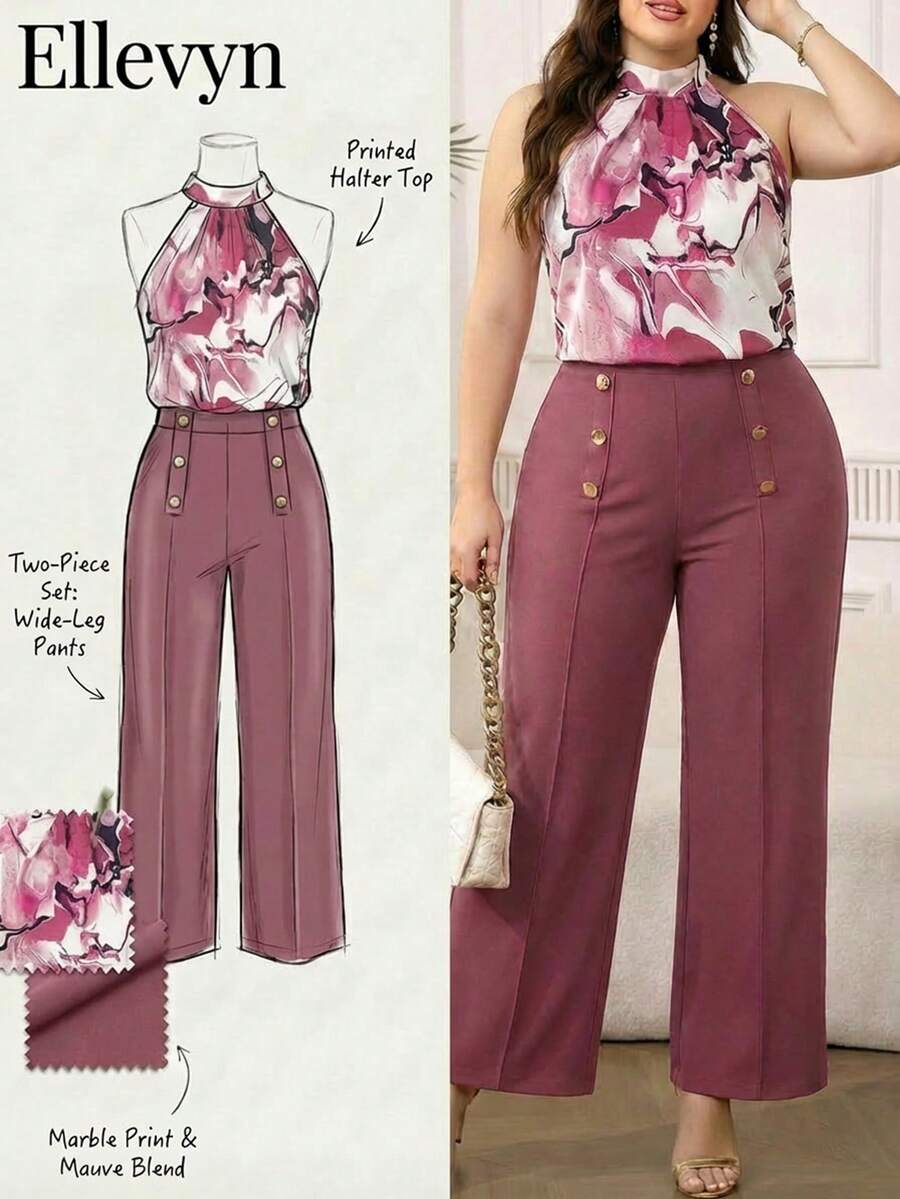 Ellevyn Bộ đồ hai mảnh cỡ lớn thanh lịch in họa tiết tie-dye gồm áo hai dây và quần, thích hợp cho mùa hè. - Hồng - Xem 1