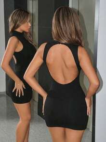SHEIN ICON Sexy Minimalist Mock Neck Backless Mini Dress - Black - View 6