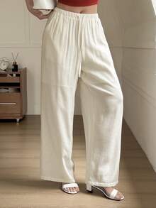 Livesso Women's Casual Solid Color Drawstring Waist Long Pants Summer - White - View 6