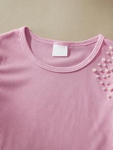 SHEIN Camiseta casual de verano sin mangas con diseño de cuentas para niñas - Rosa - Ver 3