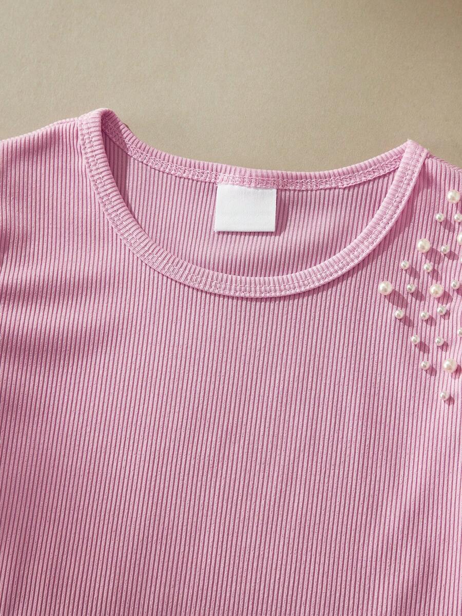 SHEIN 女童无袖串珠设计时尚休闲T恤，夏季 - 粉色 - 查看 1