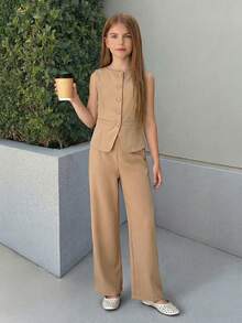 SHEIN 2件套少女休闲日常时尚背心和打底裤套装 - 棕色 - 查看 5