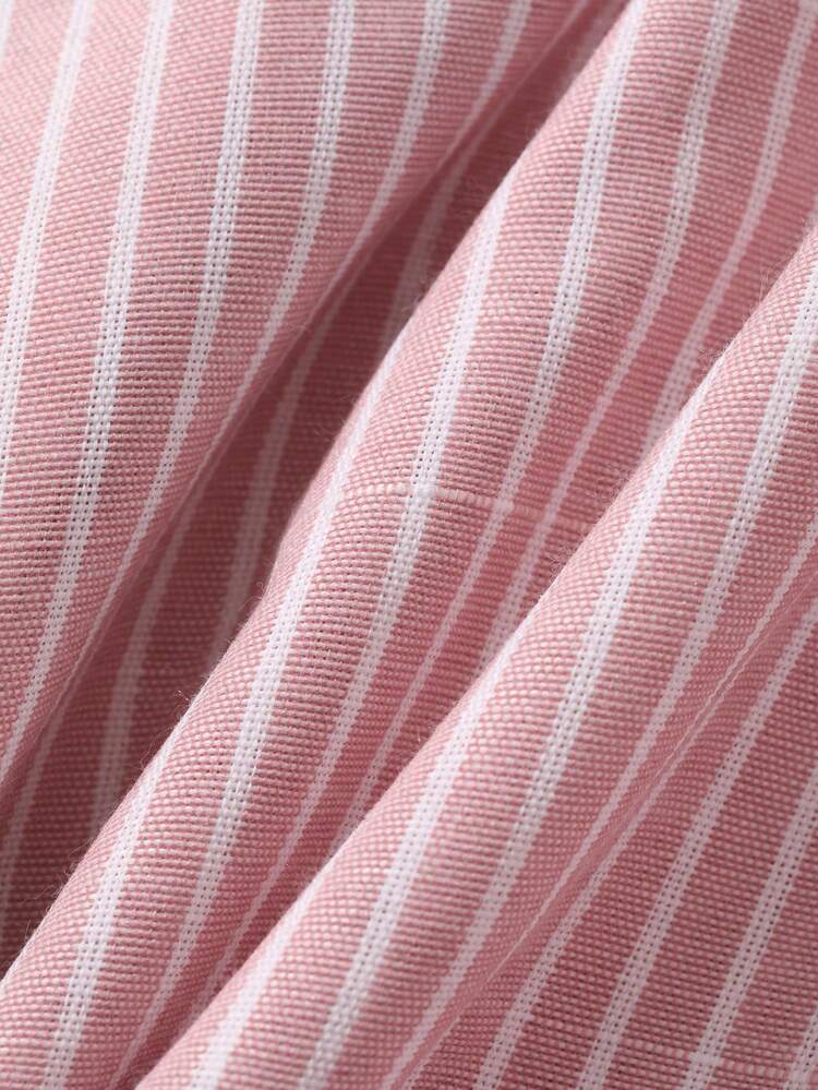 Striped Collar Pleated Waist Short Sleeve Casual Vacation Summer Blouse For Women