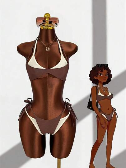 Costavie Bộ đồ bơi hai mảnh phối màu tương phản, kiểu tam giác buộc dây cổ và quần, phong cách tối giản cho kỳ nghỉ của phụ nữ.