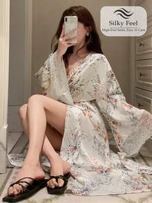 DAZY Robe mi-longue élégante en satin et dentelle avec imprimé floral & botanique pour femmes, pyjama printemps/été - Beige - Voir 1