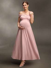 Cheriluna Maternity 优雅褶裥单肩刺绣孕妇连衣裙，长款 - 粉色 - 查看 1