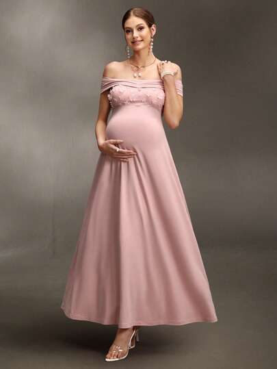 Cheriluna Maternity فستان حمل أنيق بطية وكتف واحد مطرز، طويل الطراز