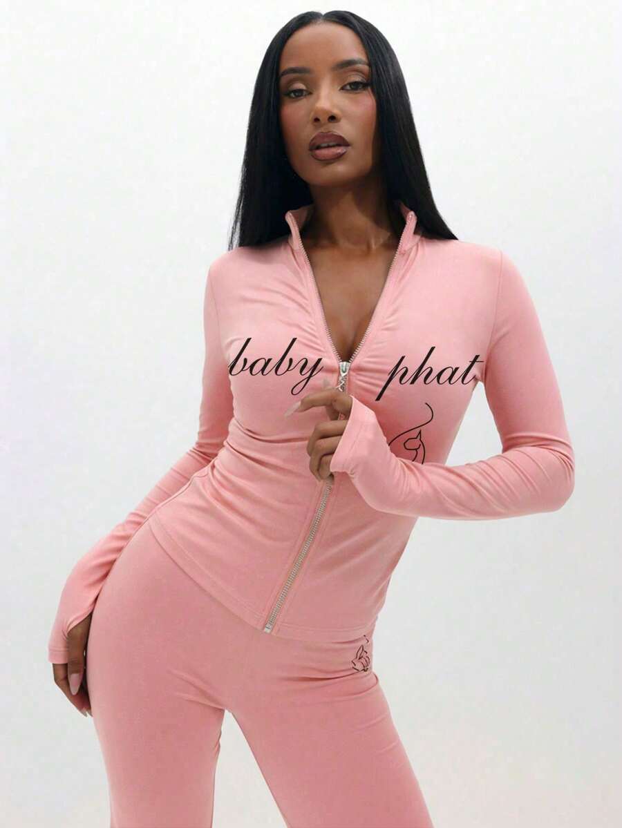 BABYPHAT Plus Size Pink Long Sleeve Zip Up Hoodie With Text Print And Thumbhole Details For Casual Everyday Comfort - Pink - View 1