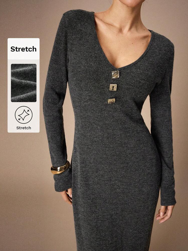 SHEIN Maija Women's Solid Color V-Neck Button Decor Fitted Long Dress,Casual Women's Loungewear,Metal Buckle Design, Long Summer Dress For Women, Summer Dresses, Summer Outfits For Women, Spring Break Outfits,Festive Dress, Beach Outfit, Wedding Guest Dress For Women, Birthday Dress, Elegant Dresses, Elegant Dresses For Ladies , Summer Holiday Outfits Button Details Dress Deep V Dress